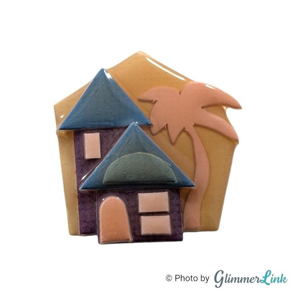 Vintage House Pins By Lucinda Beach House Palm Tree Resin Mixed Media Brooch Pin - Picture 1 of 8